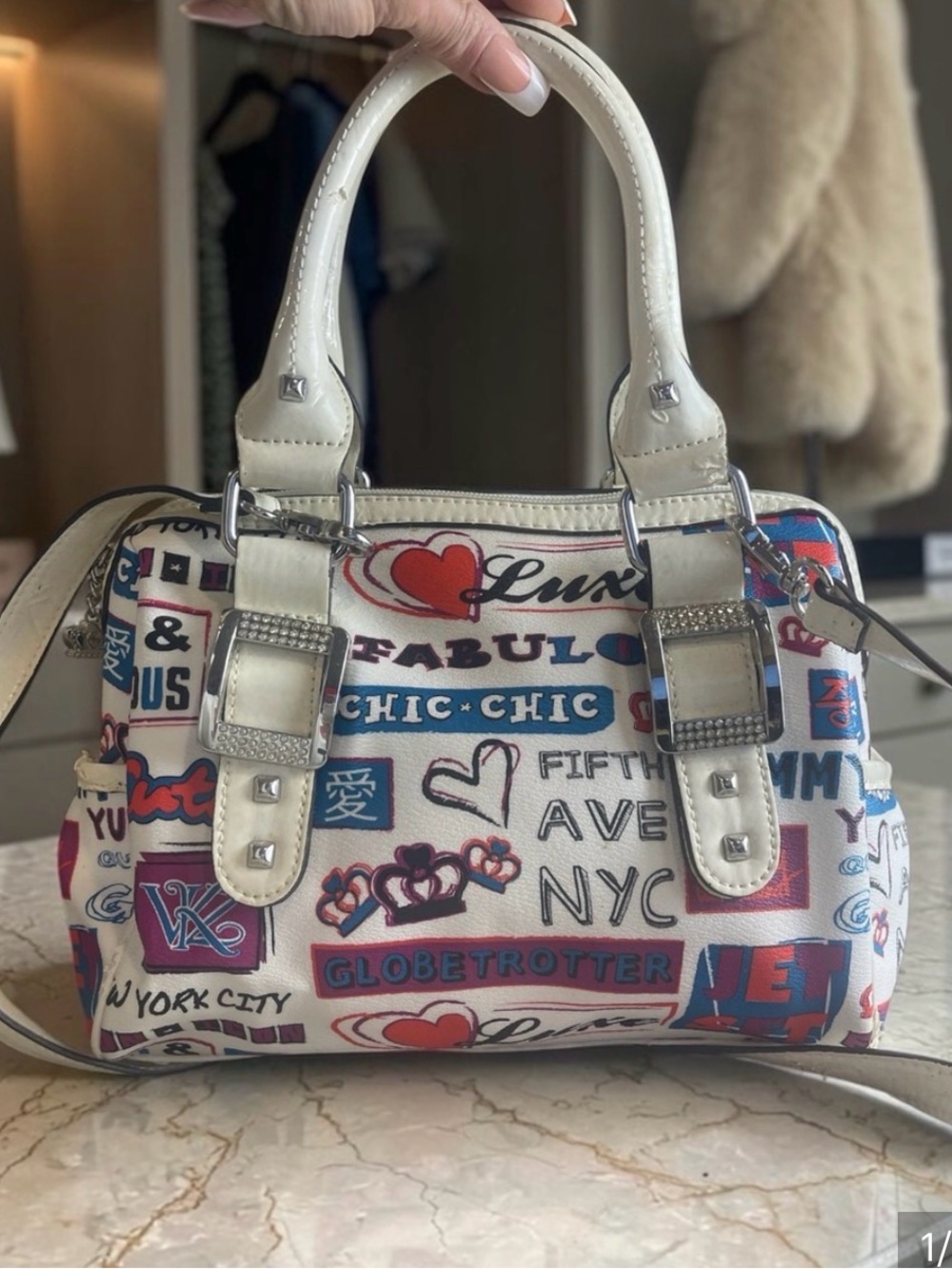 Kathy Van Zeeland White Graphic Print Satchel with Red & Blue Accents